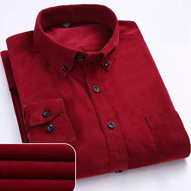 Men Casual Shirts Soft Leisure Solid Regular Fit Cotton Corduroy Long Sleeved Warm Man's Shirt New Easy Care  Oversized Clothes