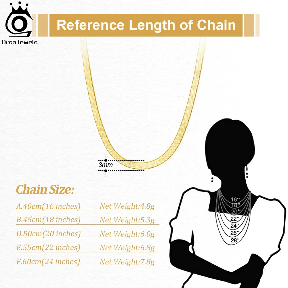 ORSA JEWELS 925 Sterling Silver 3mm Gold Flexible Flat Chain Herringbone Snake Chain Necklace for Women Neck Chain Jewelry SC35