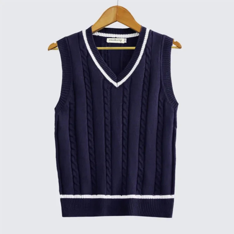 Striped White Knitted Sweaters for Men Blue Sleeveless Man Clothes V Neck Vest Red Waistcoat Jumpers Sweat-shirt Cigaret Cotton