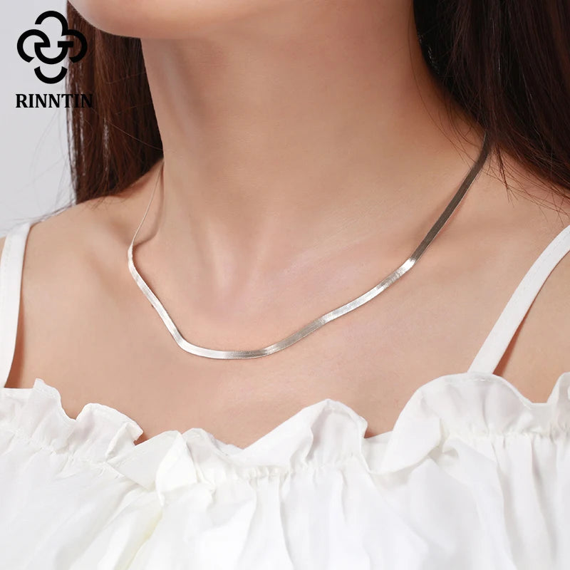 Rinntin 925 Sterling Silver Unique 3mm Gold Flat Herringbone Snake Chain for Women Punk Blade Neck Chain Necklace Jewelry SC35