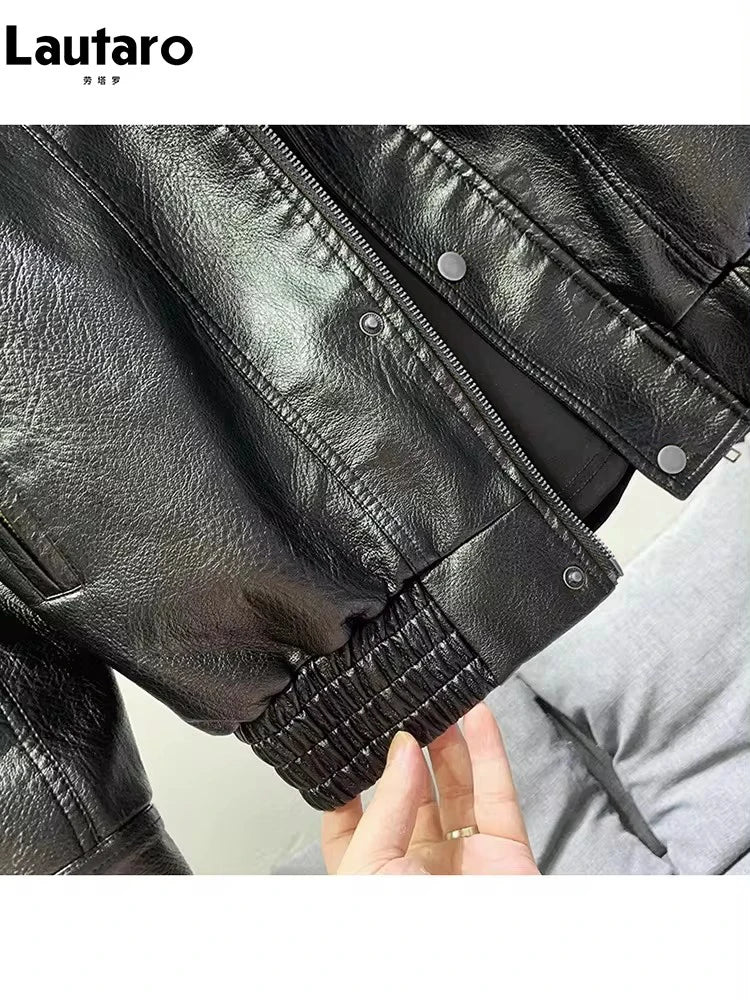 Lautaro Autumn Winter Cool Oversized Black Thickened Warm Pu Leather Jacket Men Stand Collar Zip Up Luxury Designer Clothes 2023