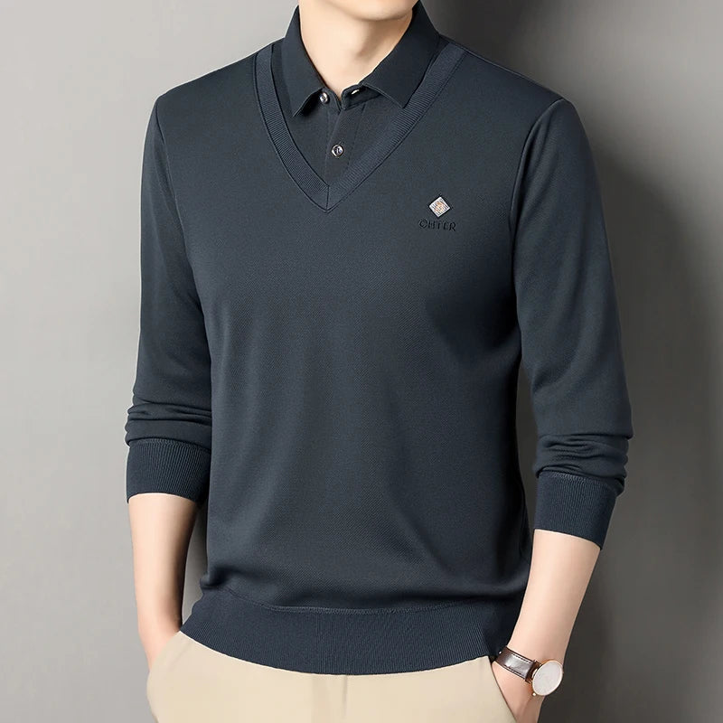 New Men's Fleece Lined Sweater Polo Collar Pullover Tops Fashion Business Causal Pullovers Korean Slim Fit Thick Winter Clothes