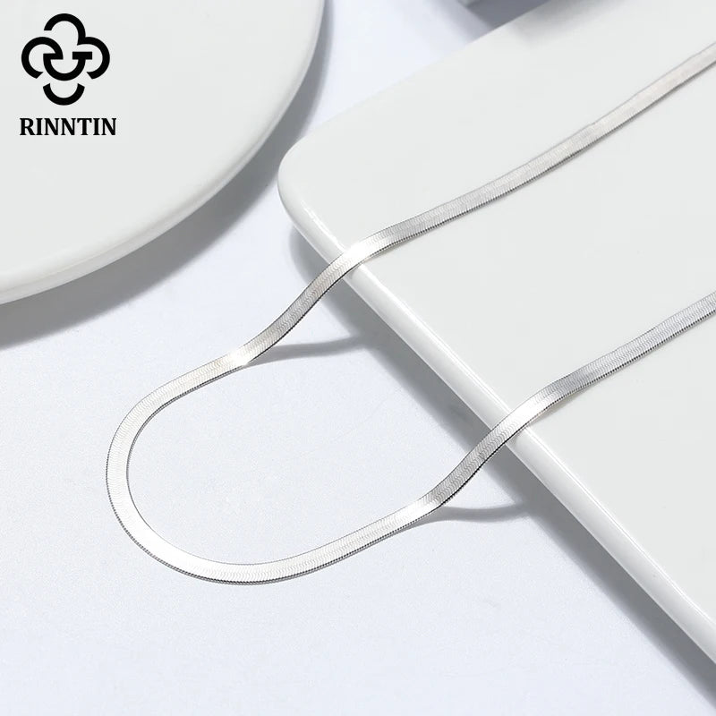 Rinntin 925 Sterling Silver Unique 3mm Gold Flat Herringbone Snake Chain for Women Punk Blade Neck Chain Necklace Jewelry SC35
