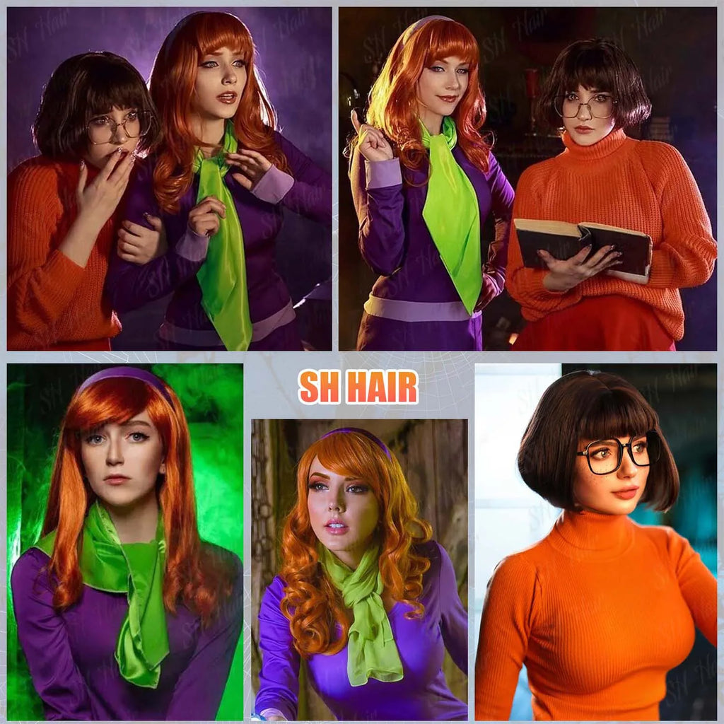 Synthetic Long Curly Orange Wig+Purple Headband Daphne Wig,Brown Wig with Bangs+Glasses+Magnifying Glass Velma Wig for Halloween