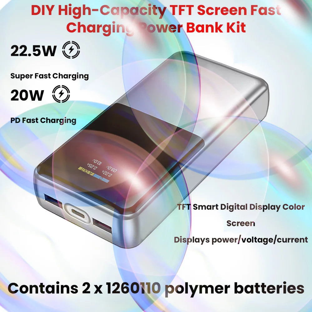Portable Power Bank DIY Kit 22.5W Bidirectional Fast Charging Power Bank Mainboard TFT Color Display Battery Case Battery Shell