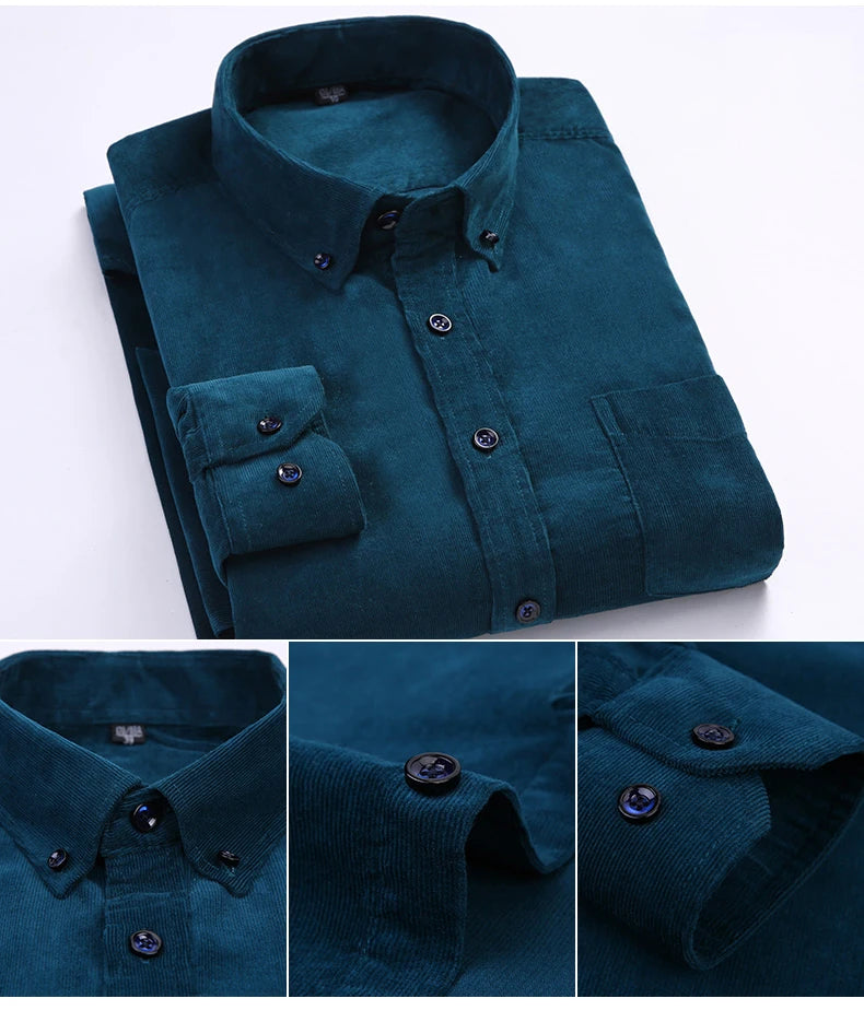 Men Casual Shirts Soft Leisure Solid Regular Fit Cotton Corduroy Long Sleeved Warm Man's Shirt New Easy Care  Oversized Clothes