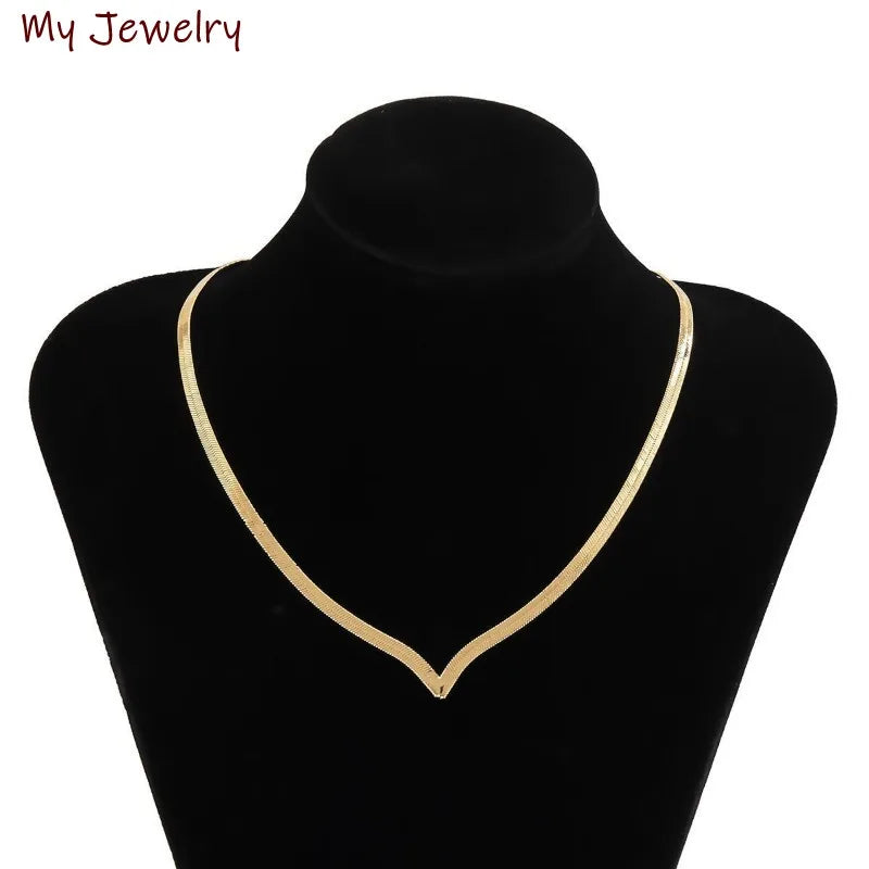 Fashion Women Hiphop Simple Gold Plated Geometric Neck Jewelry V Shape Snake Necklace