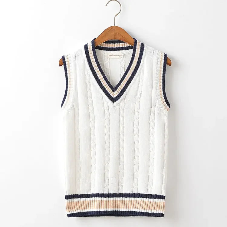 Striped White Knitted Sweaters for Men Blue Sleeveless Man Clothes V Neck Vest Red Waistcoat Jumpers Sweat-shirt Cigaret Cotton
