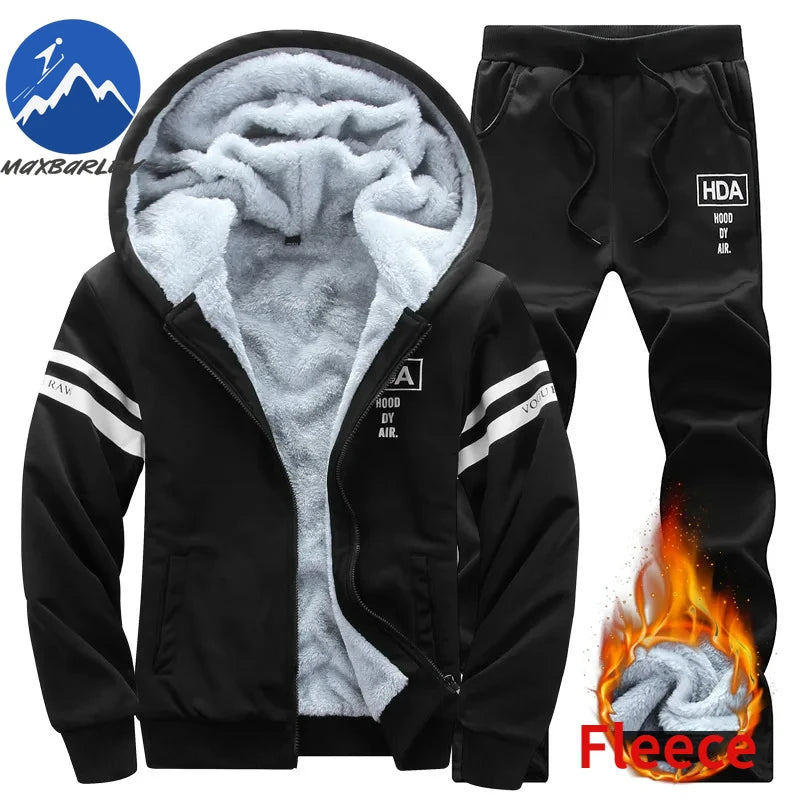 2025 Large Winter Mens Casual Sports Plush Set Hooded Coat + Pants Korean Edition Warm Thick Two Piece Set Fleece Clothes Men