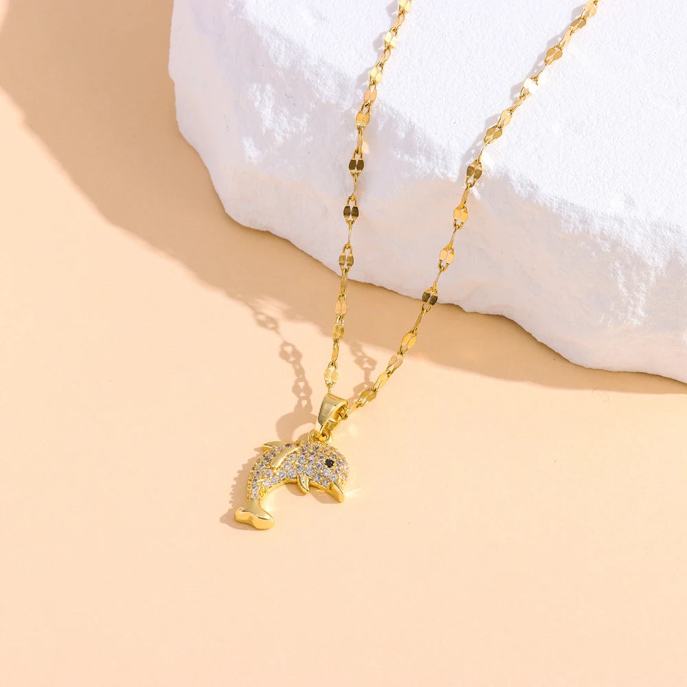 New In Sweet Cute Zircon Crystal Dolphin Pendant Necklaces For Women Trendy 18K Gold Plated Stainless Steel Neck Chain Jewelry
