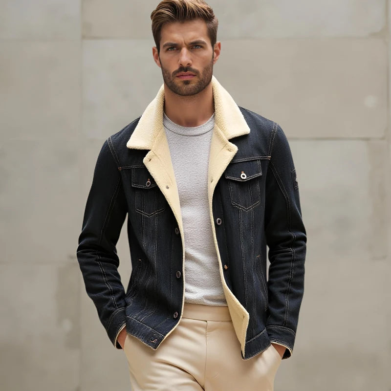 New Winter plush Men's Casual Workwear Jeans Jacket Loose Casual Versatile Youthful Male Solid Color Tops Dnim Mens Outwear