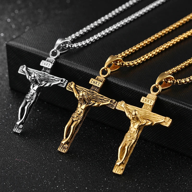 1P Fashion Crucifix Jesus Christ Men Jewelry Gold Brown Silver Color Metal Cross Pendant With Neck Chain Necklaces For Man Women