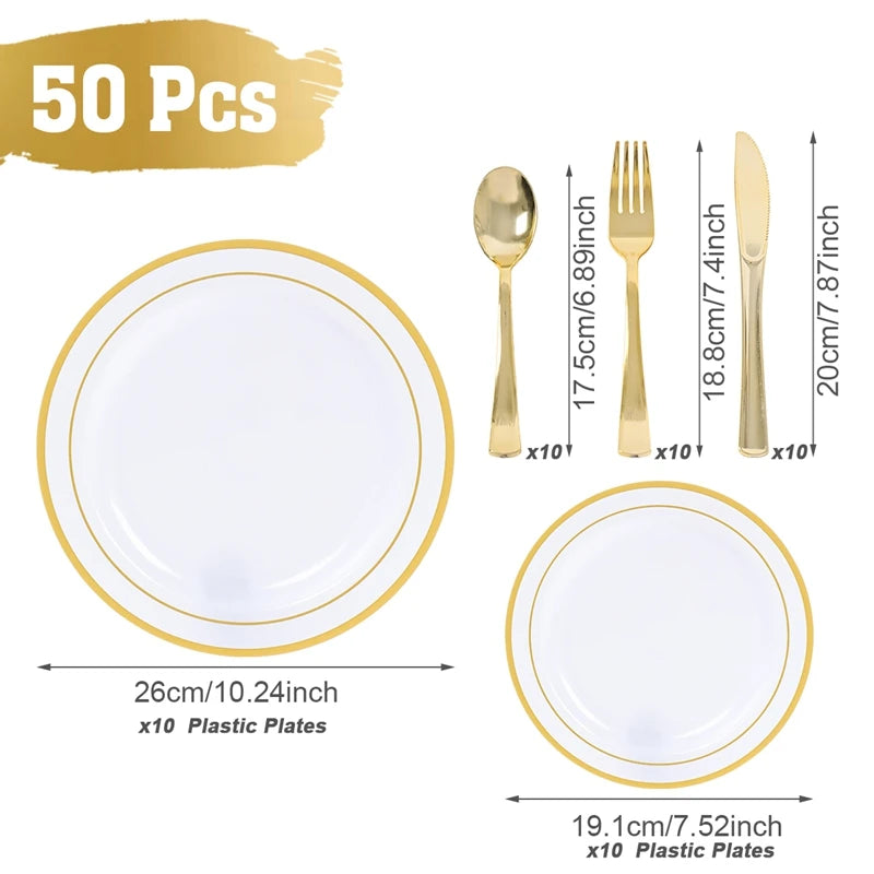 50Pieces White Gold Plastic Tableware Set  for Birthday Party, Baby Shower, Wedding Party Supplies