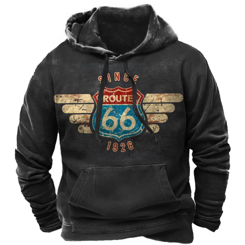 Vintage 66 Route Pullovers For Men Printed Biker Motor Sweatshirt Man Clothes Oversized Long Sleeve Top Tee Shirt Men's Hoodies