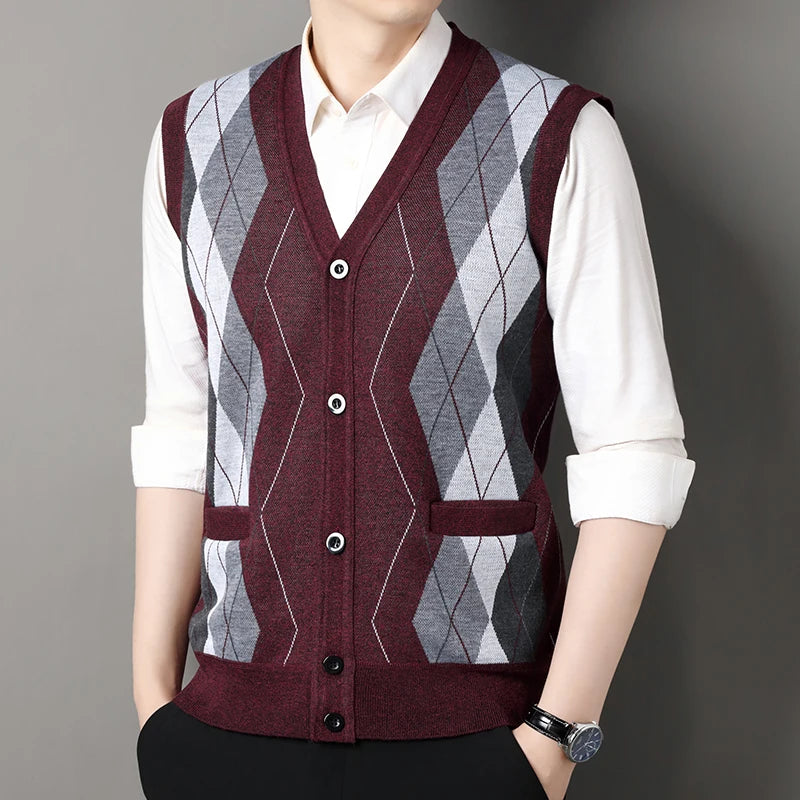 Autumn Winter Men's Sweater Vest Casual Sleeveless Knit Jackets Men Fashion Plaid V-neck Cardigans Man Clothes Knitted Waistcoat