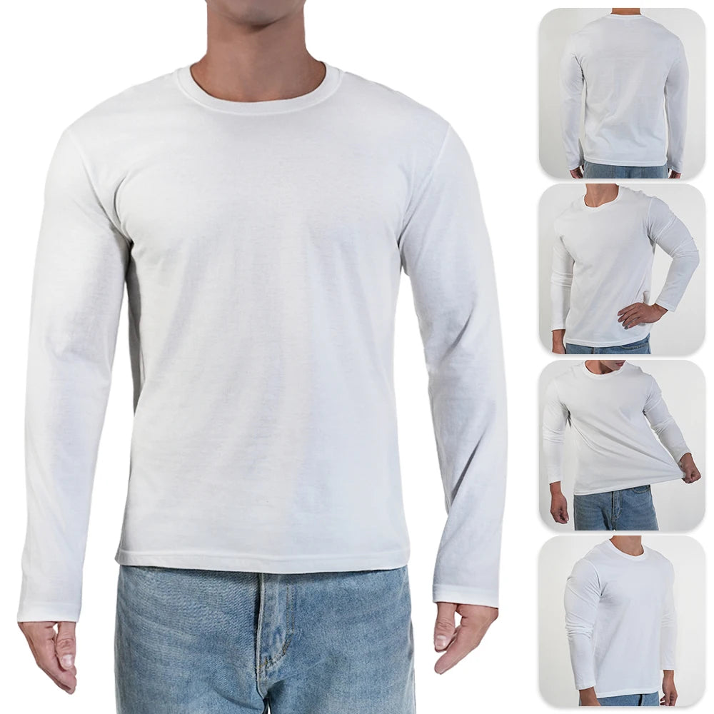 Black White Men's Long Sleeve T Shirt Crew Round Neck Casual Cotton Tops M-3XL Man Plus Size T-Shirt Clothes High Stretch