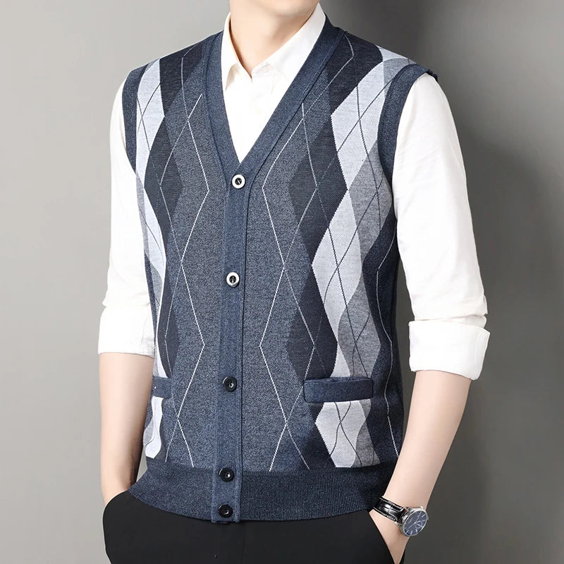 Autumn Winter Men's Sweater Vest Casual Sleeveless Knit Jackets Men Fashion Plaid V-neck Cardigans Man Clothes Knitted Waistcoat