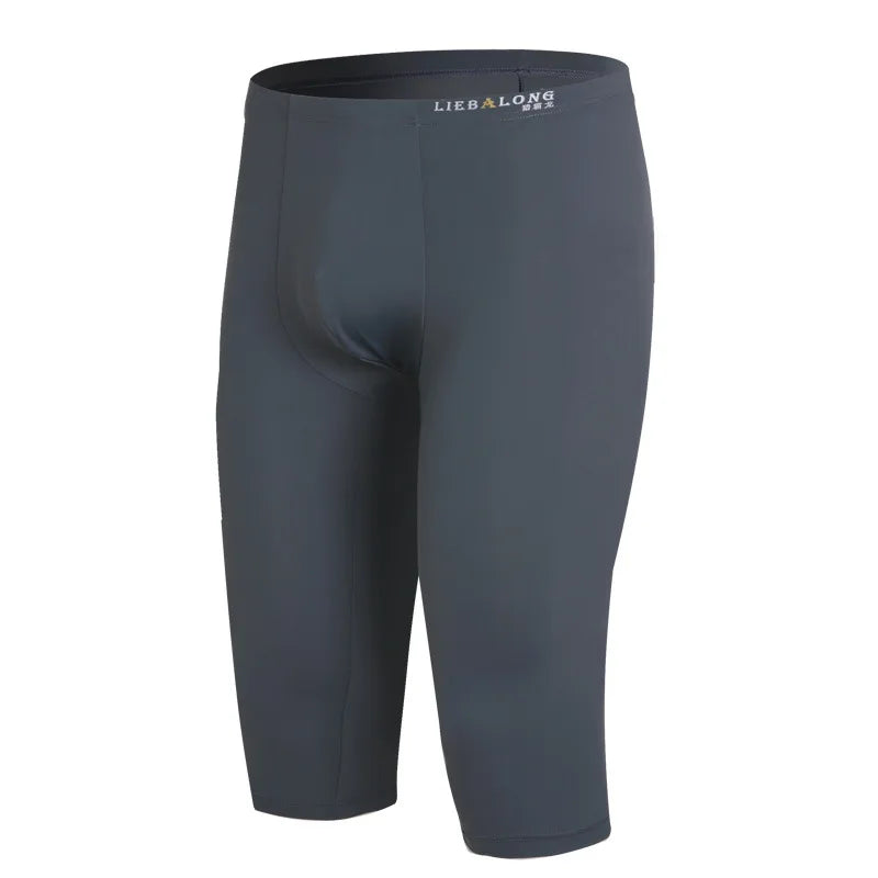 Ice Silk Long Underwear Men's Body Shaper Panties Sports Fitness Running Shorts Pants Extended Knee Length Boxershorts Stocking
