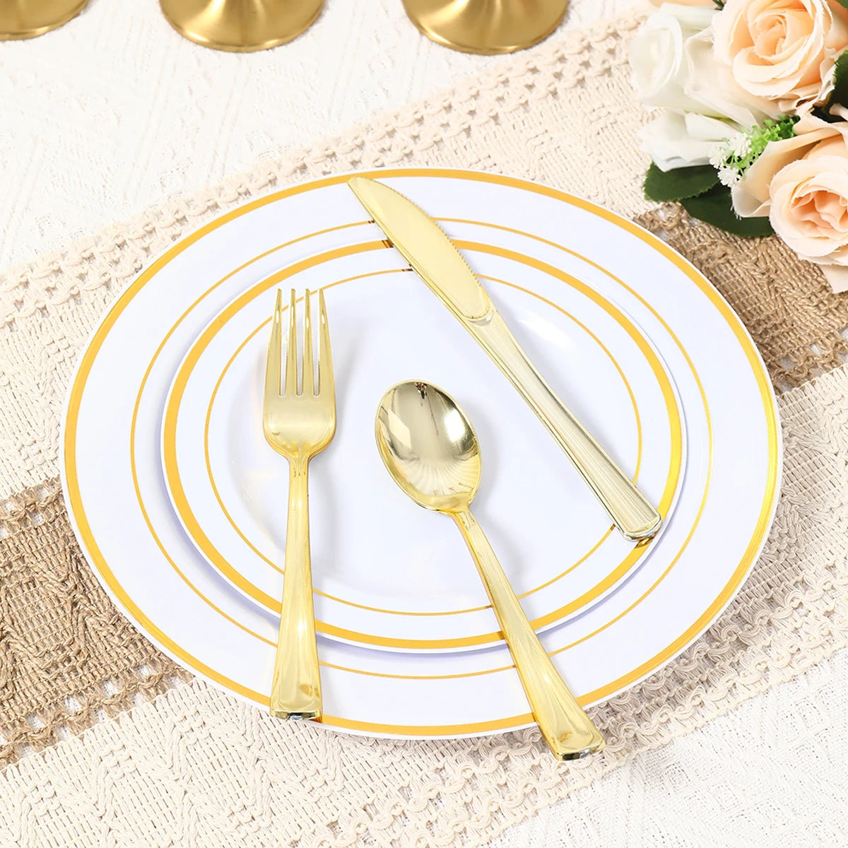 50Pieces White Gold Plastic Tableware Set  for Birthday Party, Baby Shower, Wedding Party Supplies