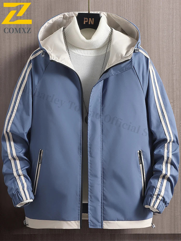 Autumn Winter Men's Jacket Daily Trend Hooded Breathable Jacket Outdoor Sports Fashion Striped Print Crisp Windproof Windbreaker