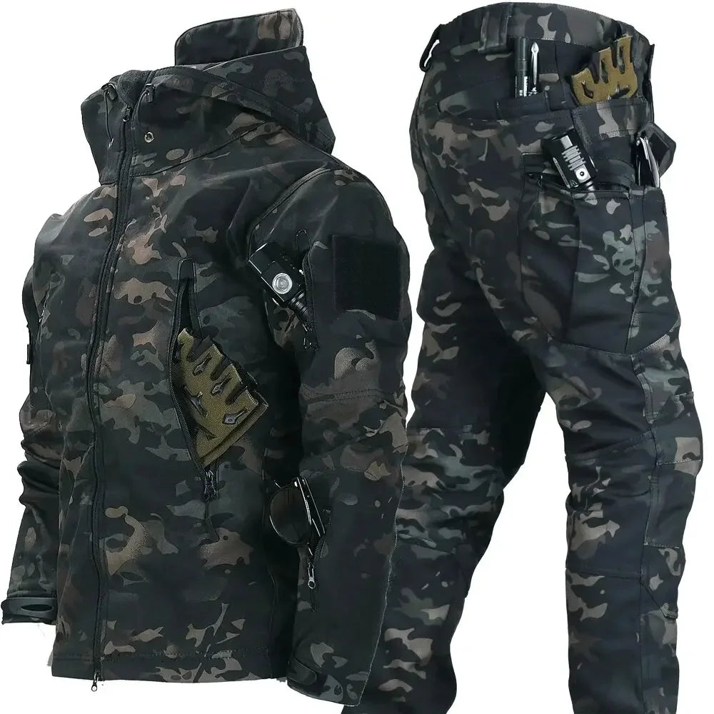 New Suits for Men Winter Tactical Sets Shark Skin Biker Jacket Hoodie Pants 2 Piece Set Waterproof Workwear Clothes Pockets