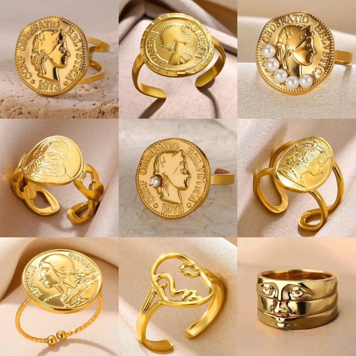 Vintage Stainless Steel Portrait Pearl Zircon Gold Plated  Rings For Women Luxury Coin Imitation Finger Ring Personality Jewelry