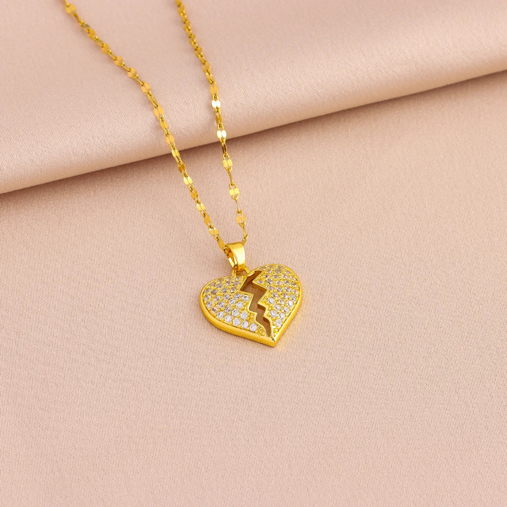 New Fashion 18K Gold Plated Broken Heart Pendant Necklaces For Women Trendy Female Stainless Steel Neck Chain Jewelry Wholesale
