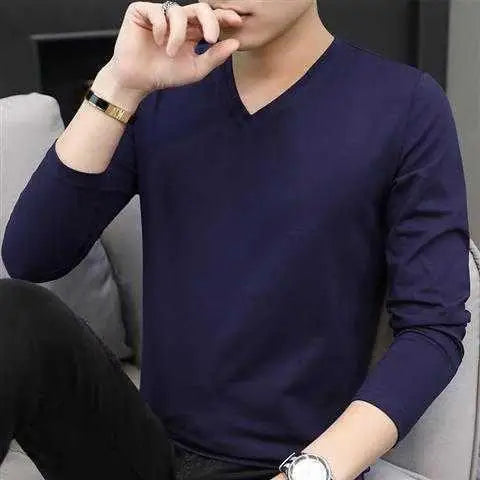 Men's Autumn Winter Ice Silk Long Sleeve T-Shirt Pure Color V-Neck Undershirt White Clothes New Trendy Inner Top Bottoming Shirt