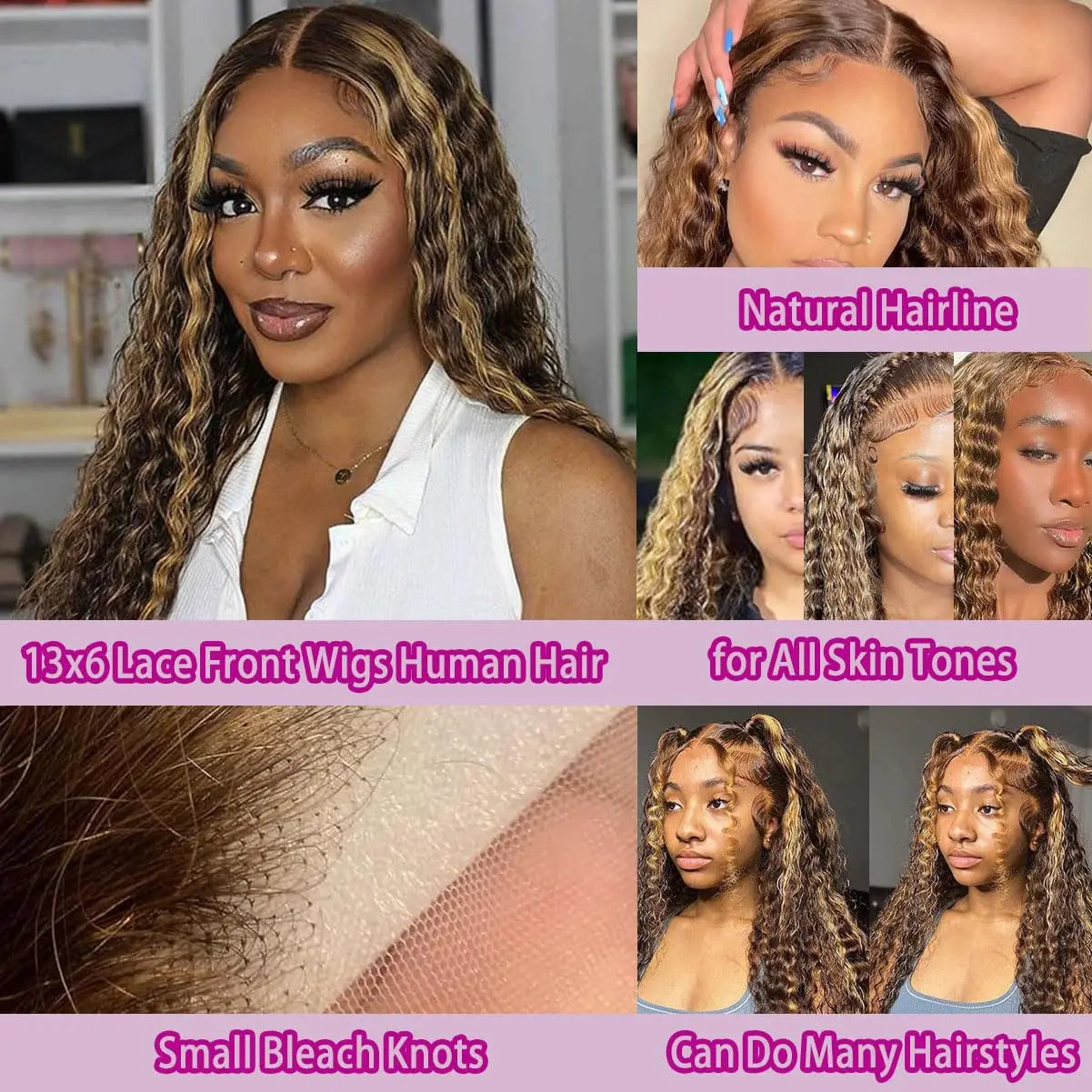 36 Inch Deep Wave P4/27 Highlight Ombre 13x6 13x4 HD Transparent Lace Front Wigs Curly Lace Frontal Wigs for Women Pre Plucked