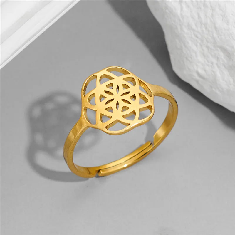 Exquisite Stainless Steel Lily Flower Adjustable Opening Rings Gold Plated Waterproof Finger Jewelry For Women Wedding Gift