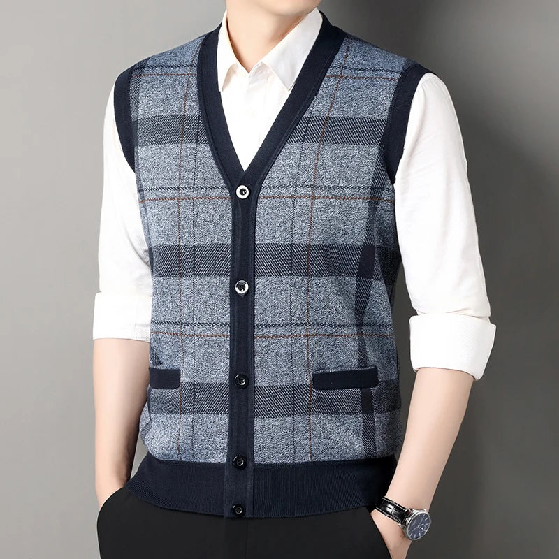 Autumn Winter Men's Sweater Vest Casual Sleeveless Knit Jackets Men Fashion Plaid V-neck Cardigans Man Clothes Knitted Waistcoat