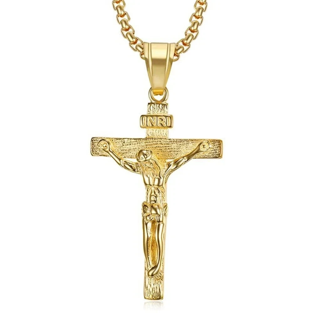 Religious INRI Crucifix Jesus Cross Pendant Necklace Gold Color Stainless Steel Neck Chain For Men Christian Catholic Jewelry