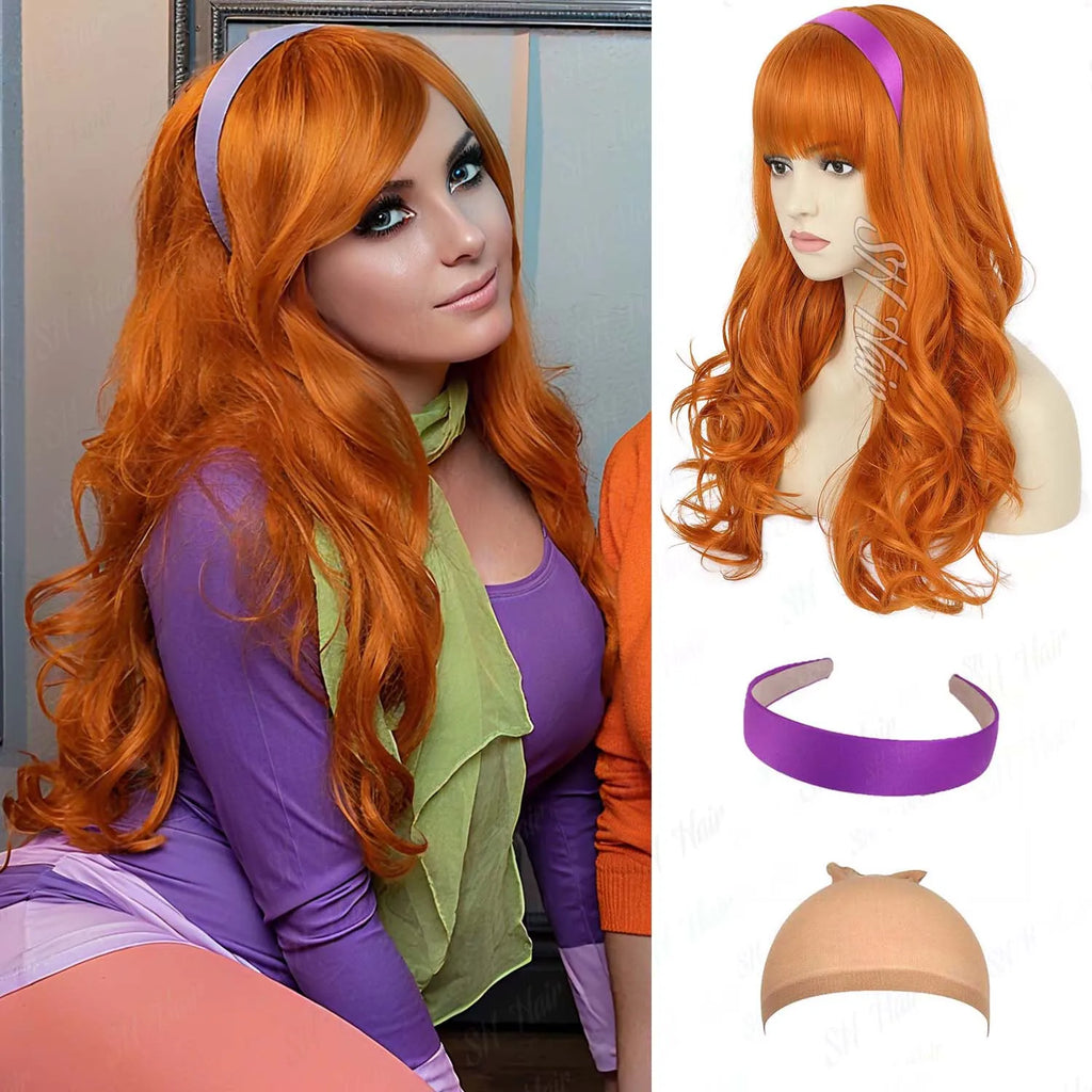 Synthetic Long Curly Orange Wig+Purple Headband Daphne Wig,Brown Wig with Bangs+Glasses+Magnifying Glass Velma Wig for Halloween