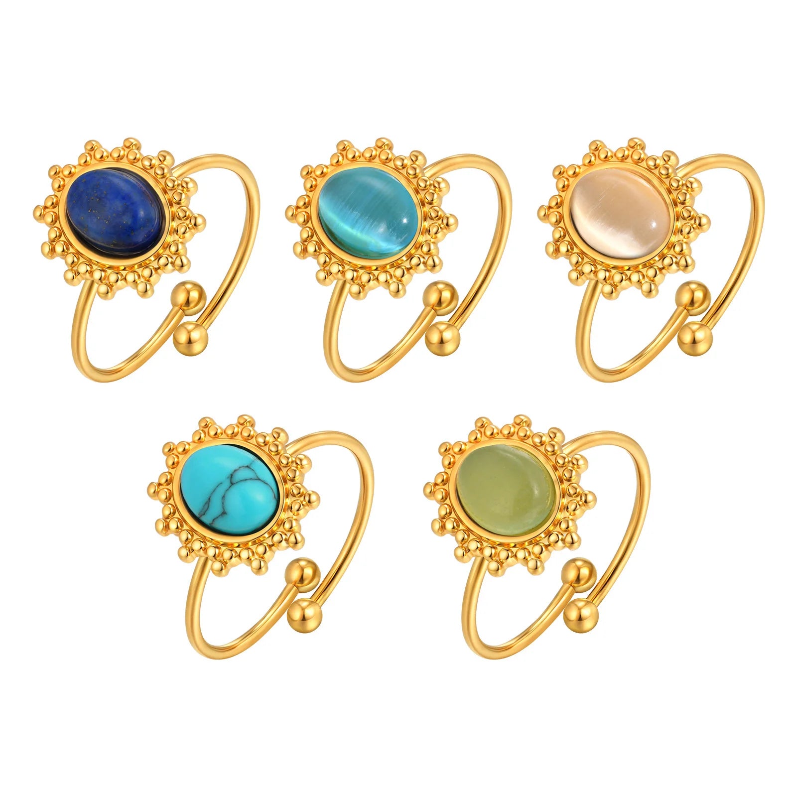 Waterproof Oval Healing Nature Stone Ring for Women, Stainles Steel Gold Plated Open Adjustable Finger Ring Vintage Jewelry