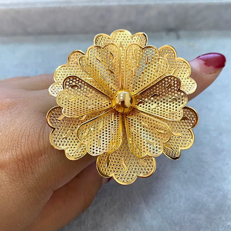 Nigerian Big Flower Indian Ring Dubai Gold Plated Rings  Wedding Ethiopian Luxury Finger Jewelry For Women 2023 Party Gift