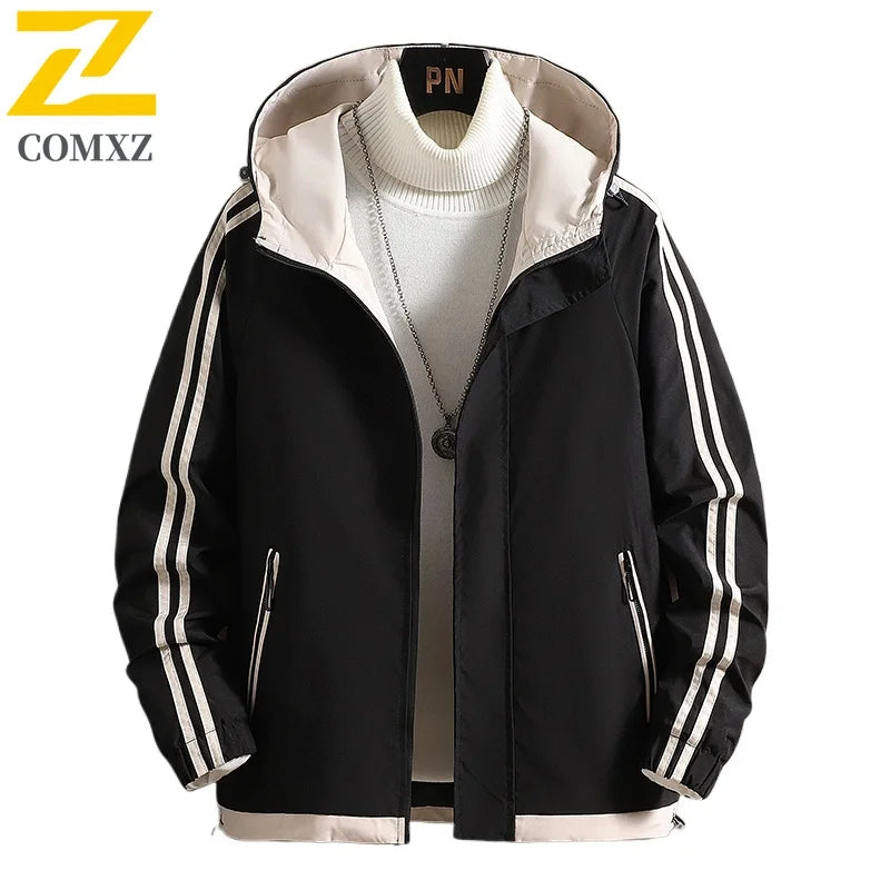 Autumn Winter Men's Jacket Daily Trend Hooded Breathable Jacket Outdoor Sports Fashion Striped Print Crisp Windproof Windbreaker