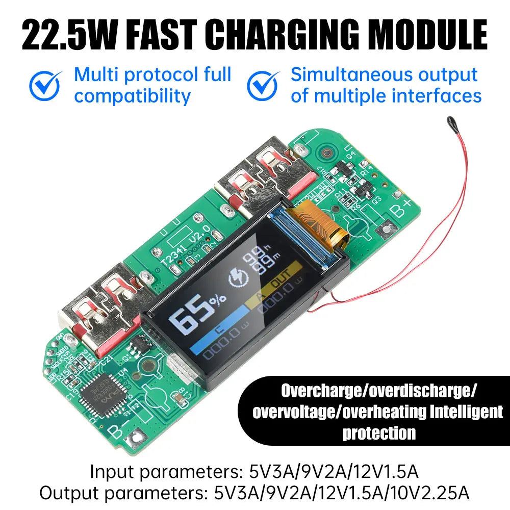 Portable Power Bank DIY Kit 22.5W Bidirectional Fast Charging Power Bank Mainboard TFT Color Display Battery Case Battery Shell