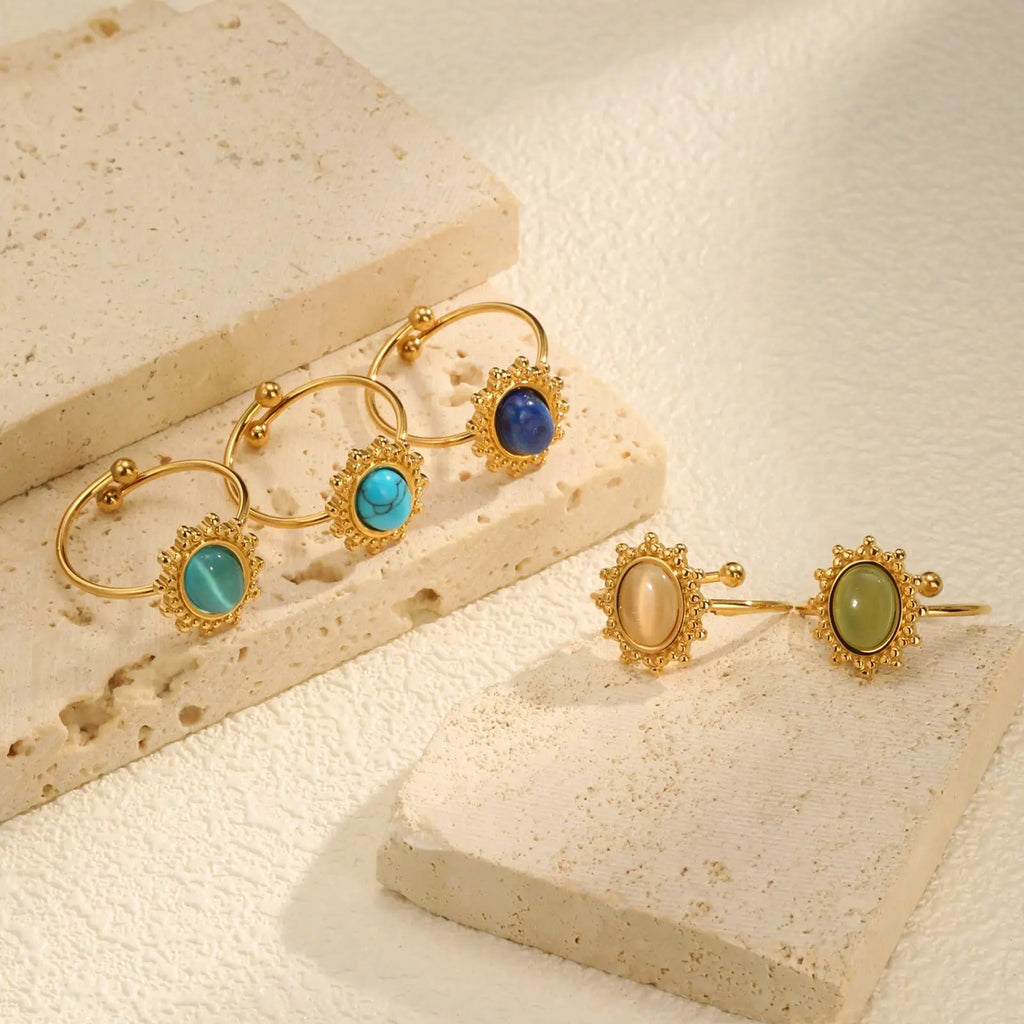 Waterproof Oval Healing Nature Stone Ring for Women, Stainles Steel Gold Plated Open Adjustable Finger Ring Vintage Jewelry