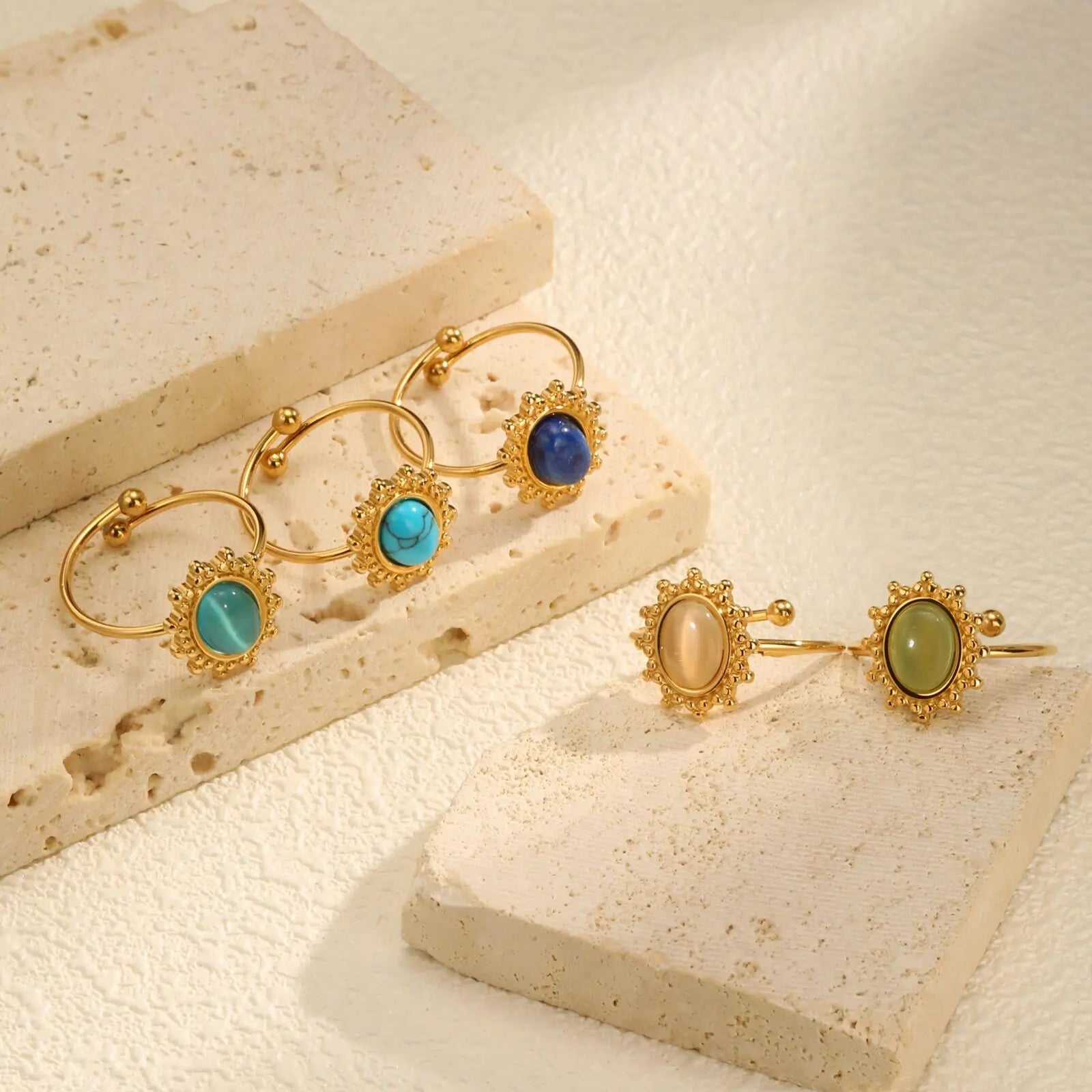 Waterproof Oval Healing Nature Stone Ring for Women, Stainles Steel Gold Plated Open Adjustable Finger Ring Vintage Jewelry