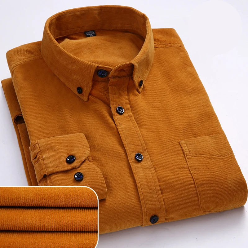 Men Casual Shirts Soft Leisure Solid Regular Fit Cotton Corduroy Long Sleeved Warm Man's Shirt New Easy Care  Oversized Clothes