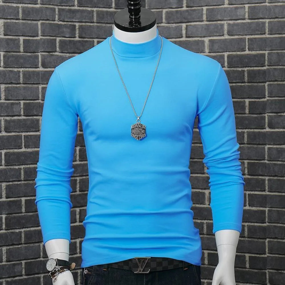 Fashion Men's Autumn Winter T-Shirt Casual Turtleneck High Collar Long Sleeves Solid Color Slim Top Clothes Outerwear Undershirt