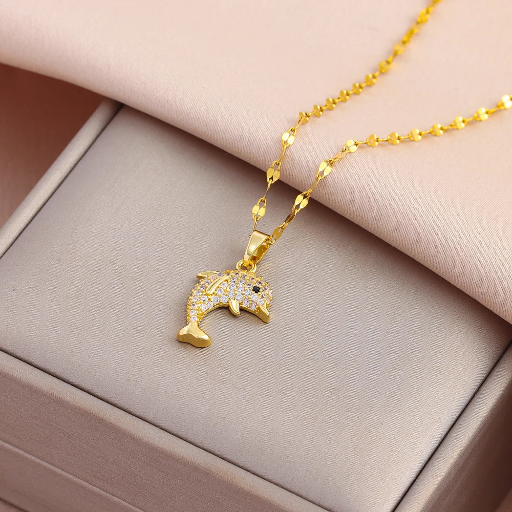 New In Sweet Cute Zircon Crystal Dolphin Pendant Necklaces For Women Trendy 18K Gold Plated Stainless Steel Neck Chain Jewelry