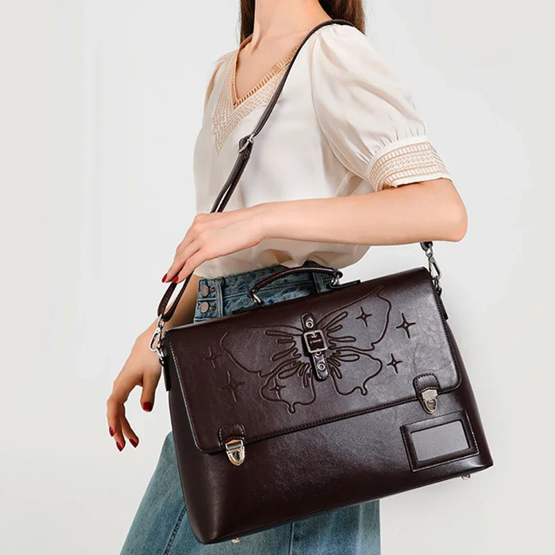 Genuine Leather Women Tote Bag College Style School Bag Vintage Women's Backpack 16 Inch Computer Cowhide Shoulder Bags 633