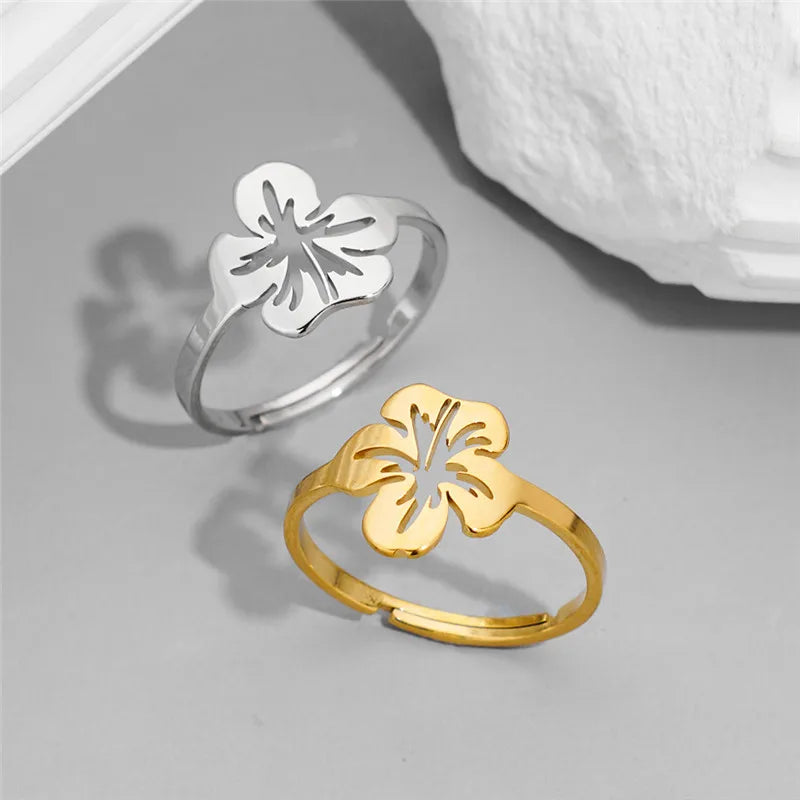 Exquisite Stainless Steel Lily Flower Adjustable Opening Rings Gold Plated Waterproof Finger Jewelry For Women Wedding Gift