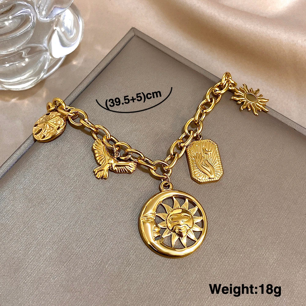 Vintage Stainless Steel Sun Moon Pendant Necklace for Women Men Gold Color Chunky Chain Necklace Waterproof Jewelry on the Neck