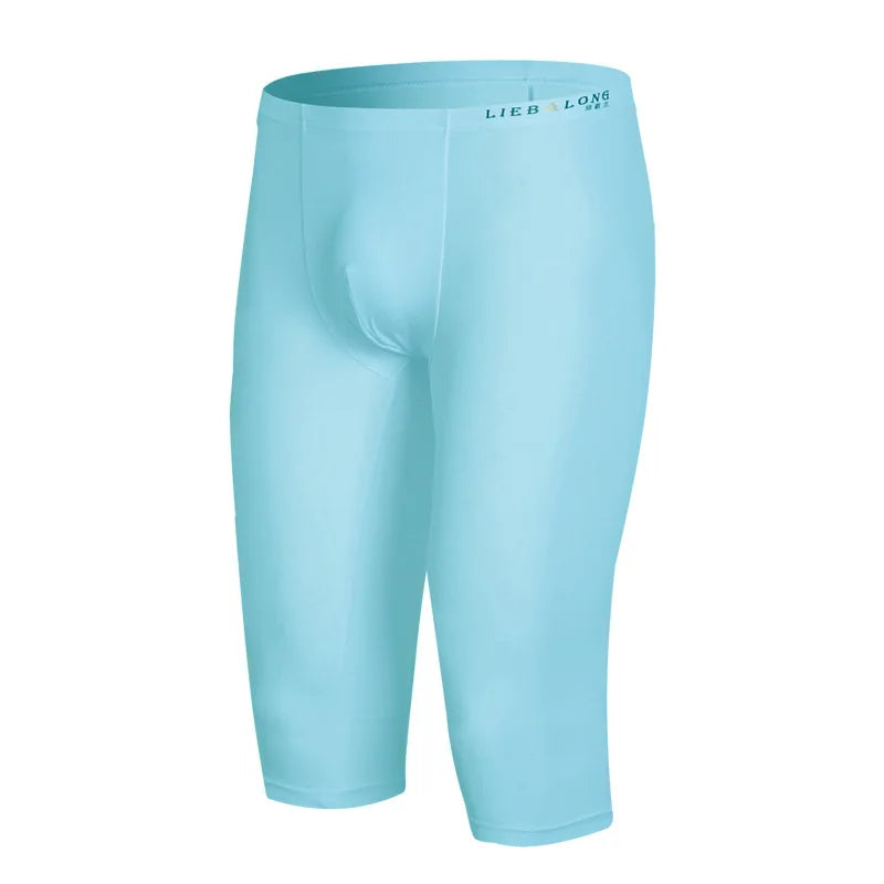 Ice Silk Long Underwear Men's Body Shaper Panties Sports Fitness Running Shorts Pants Extended Knee Length Boxershorts Stocking