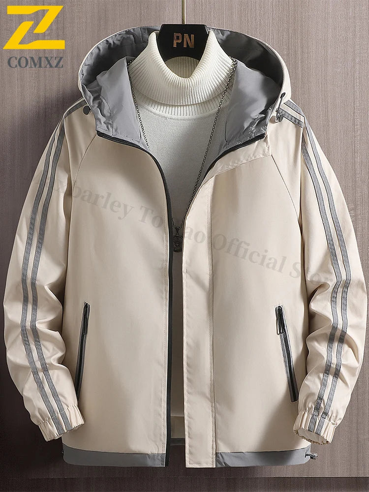 Autumn Winter Men's Jacket Daily Trend Hooded Breathable Jacket Outdoor Sports Fashion Striped Print Crisp Windproof Windbreaker
