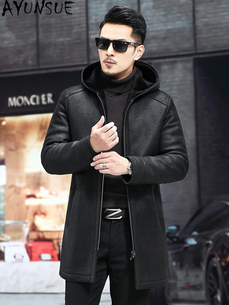 AYUNSUE High-end Real Wool Fur Coat Man Winter Hooded Luxury Natural Sheepskin Fur Jacket Mid-length Windbreaker Warm Fur Coats