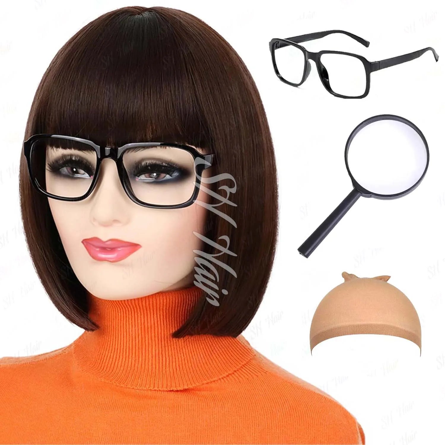 Synthetic Long Curly Orange Wig+Purple Headband Daphne Wig,Brown Wig with Bangs+Glasses+Magnifying Glass Velma Wig for Halloween