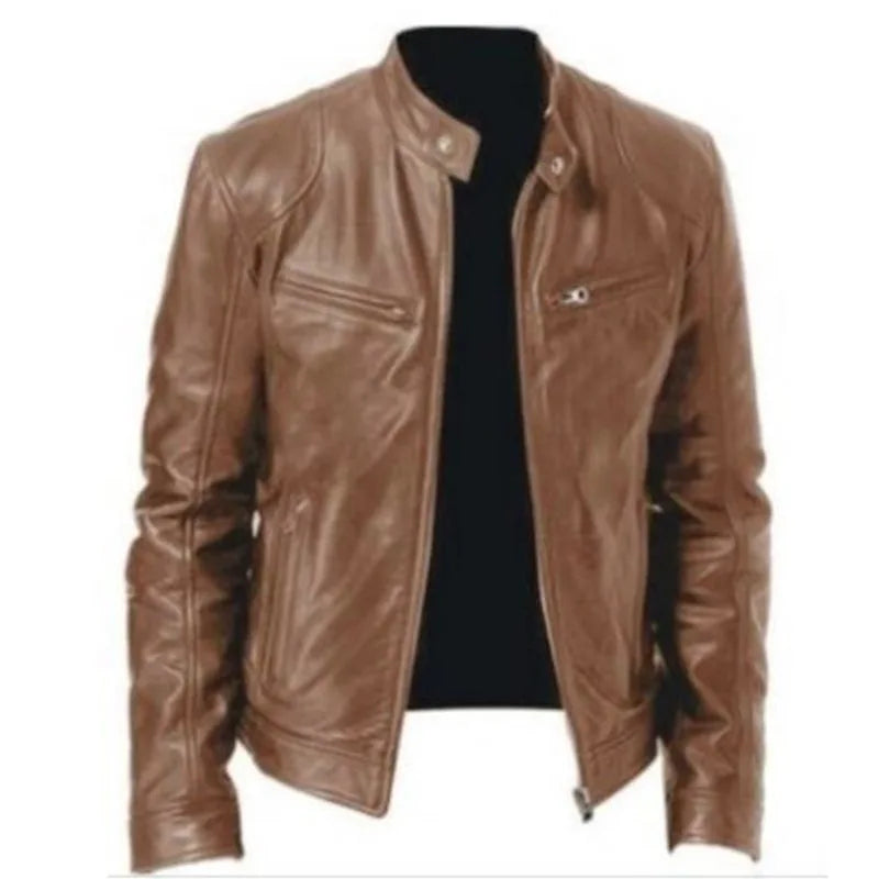 New Top Layer Vintage PU Leather Clothes Men's Stand Collar Motorcycle Clothes Youth Autumn and Winter Jacket Mens Biker Coat